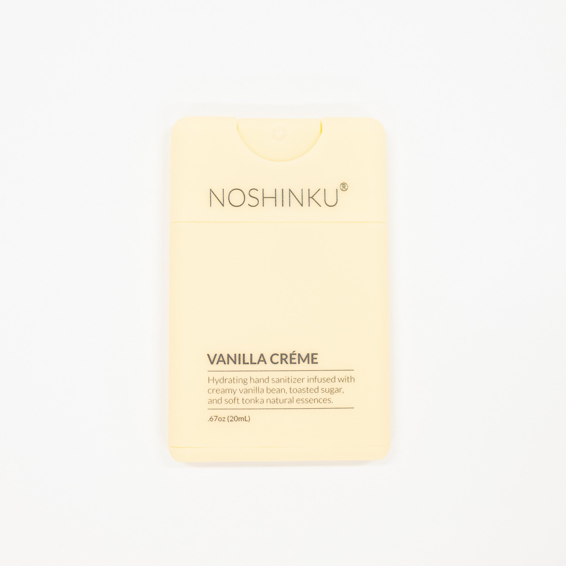 Noshinku Vanilla Crème hand sanitizer in a pale yellow rectangular bottle with rounded corners, shown on a clean white background.