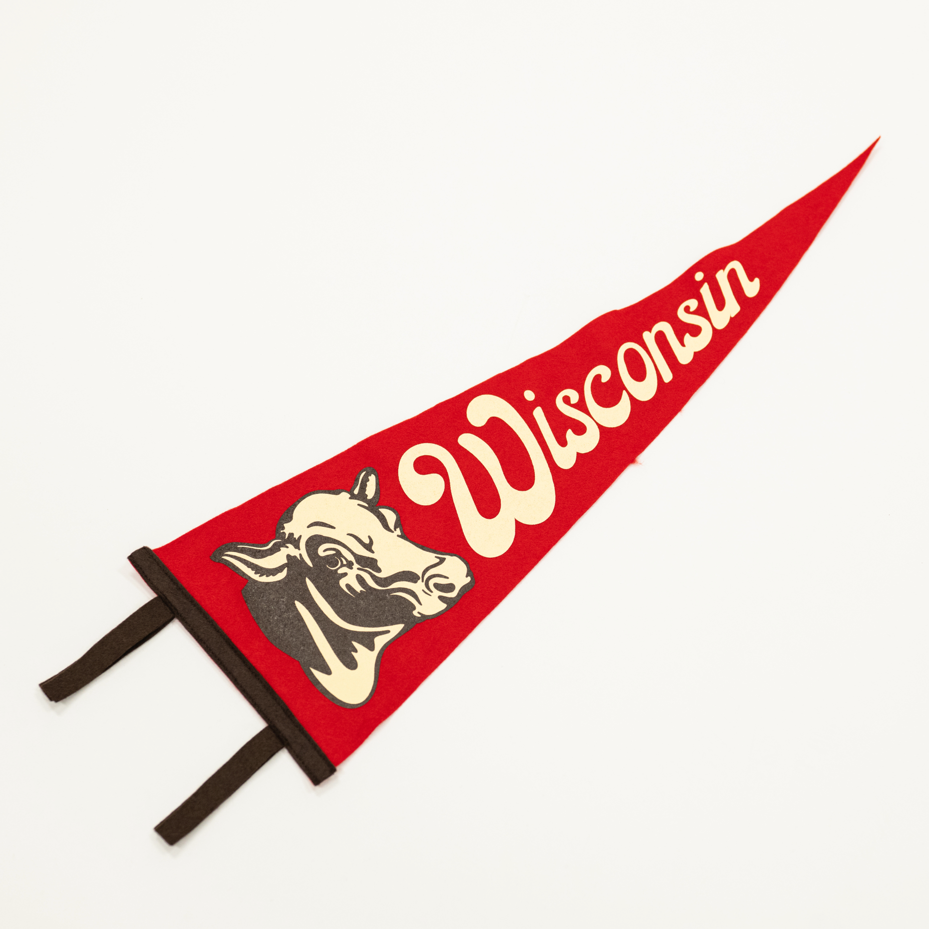 Red pennant with 'Wisconsin' and a bulldog logo on a white background