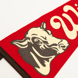Red flag with cow illustration and 'Wisconsin' text on a white background