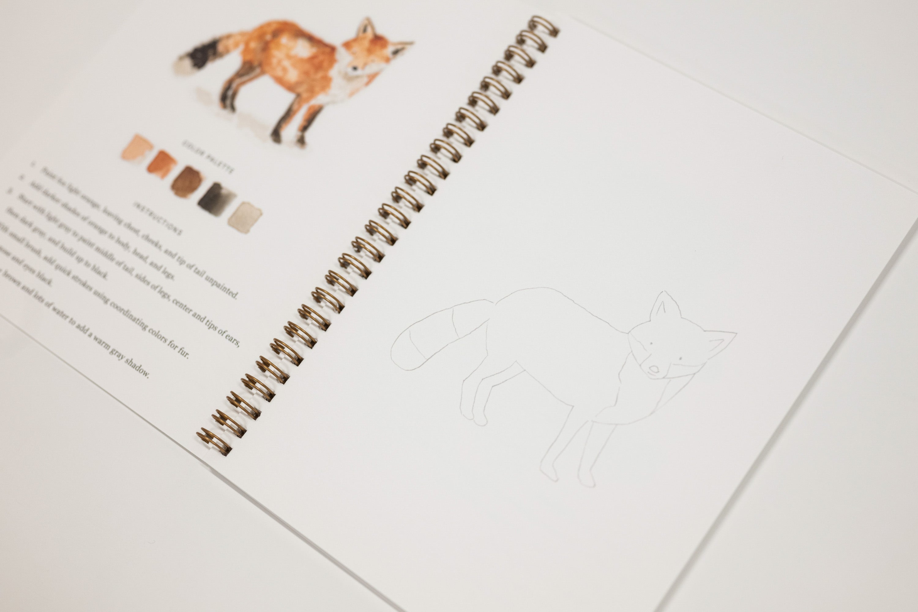 An open spiral-bound sketchbook or art journal on a white surface, showing a watercolor fox illustration with color chips and text on one page, and a faint line drawing of a fox on the next page.