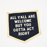 Navy banner with white text on a beige background