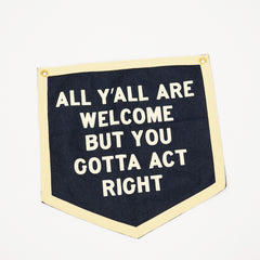 Navy banner with white text on a beige background