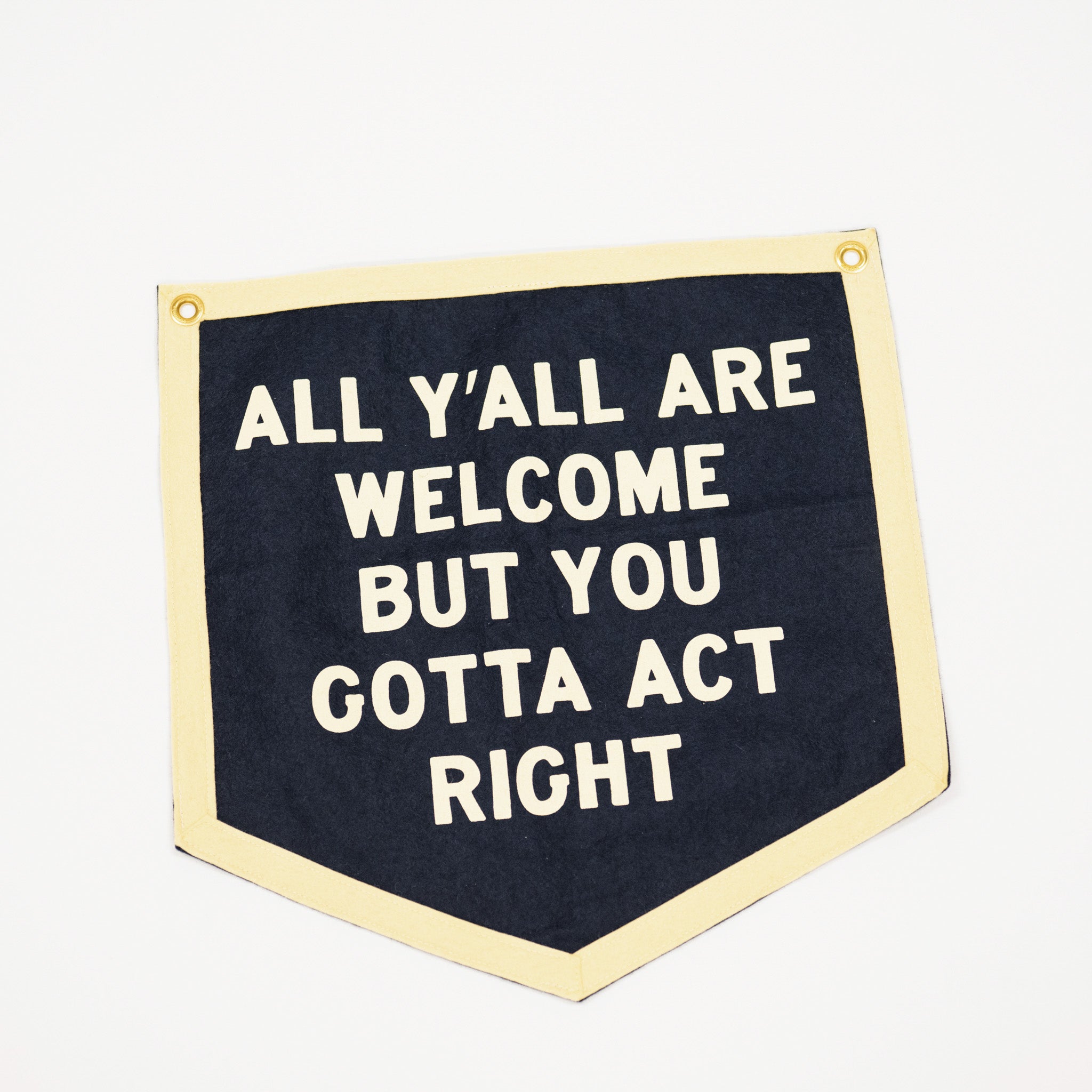 Navy banner with white text on a beige background